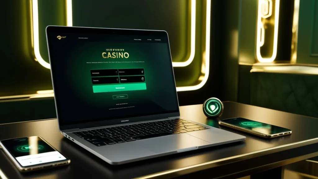 Casino registration form beside a phone in a dark neon setting