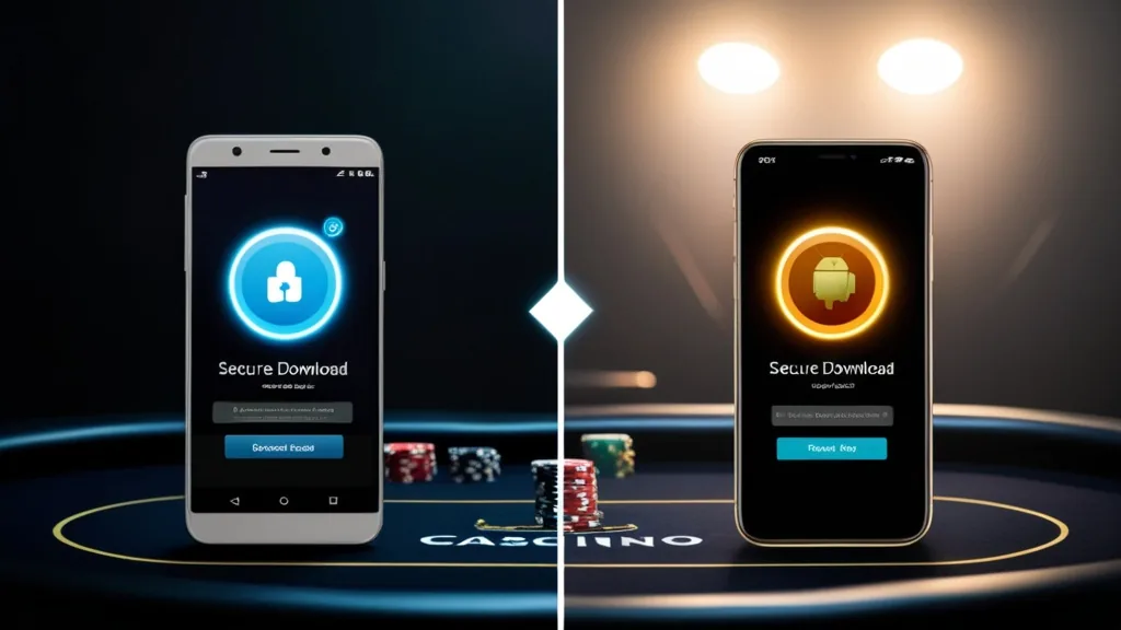 Android and iPhone phones showing mobile casino download prompts