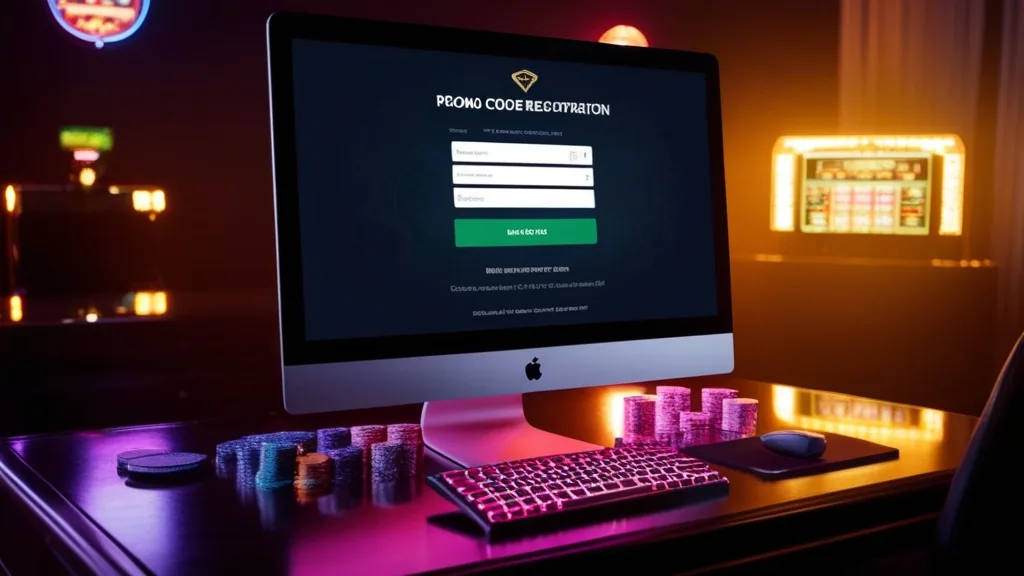 Casino registration form highlighting a promo code field beside glowing chips