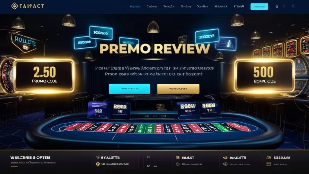 Dark casino scene with bonus cards, promo code panels, and slot reels