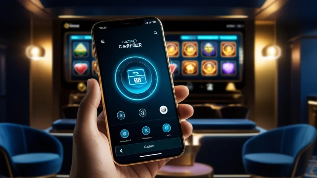 Phone showing a casino app lobby with game tiles and cashier icons