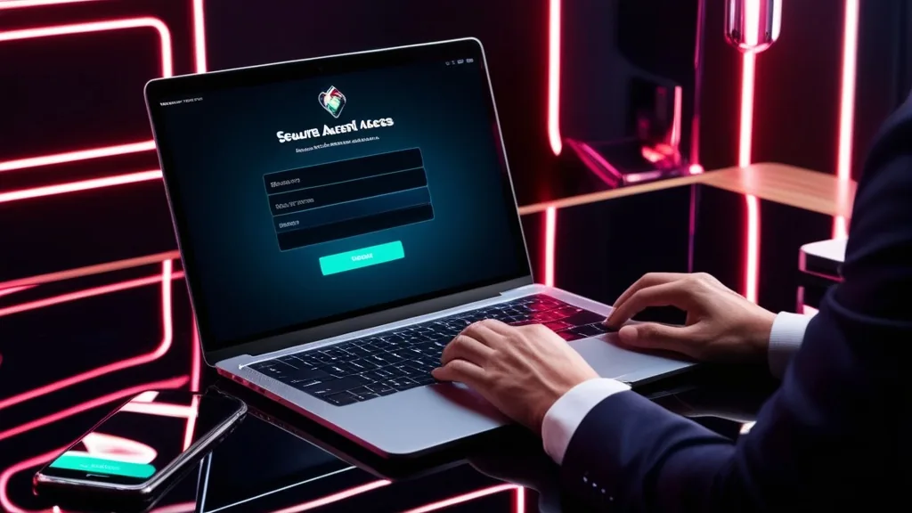 Desktop and mobile devices showing a casino login form in a dark neon setting