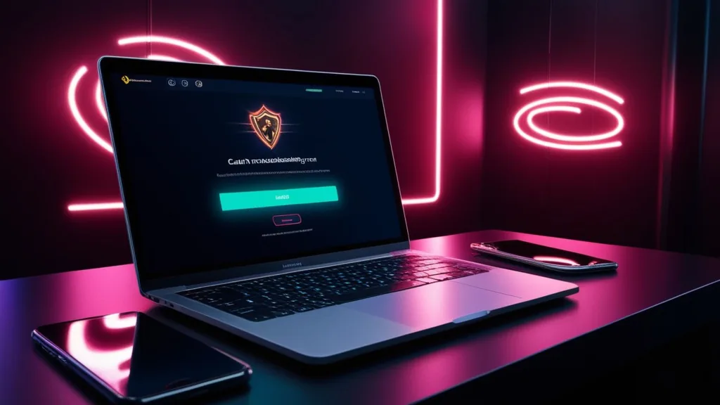 Laptop showing a login error beside a smartphone in a neon casino setting