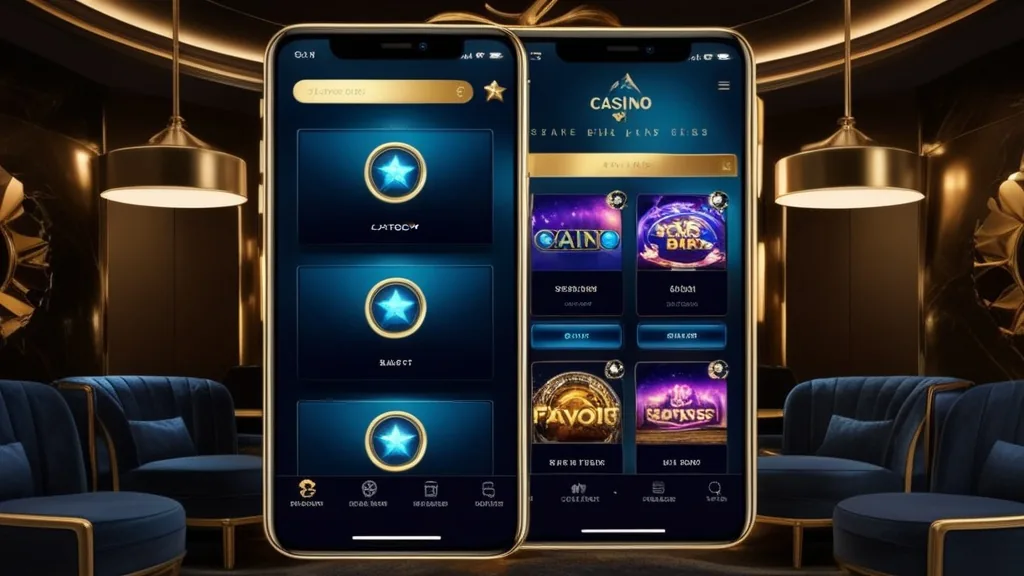 Mobile casino app menu with search, favourites, and game categories