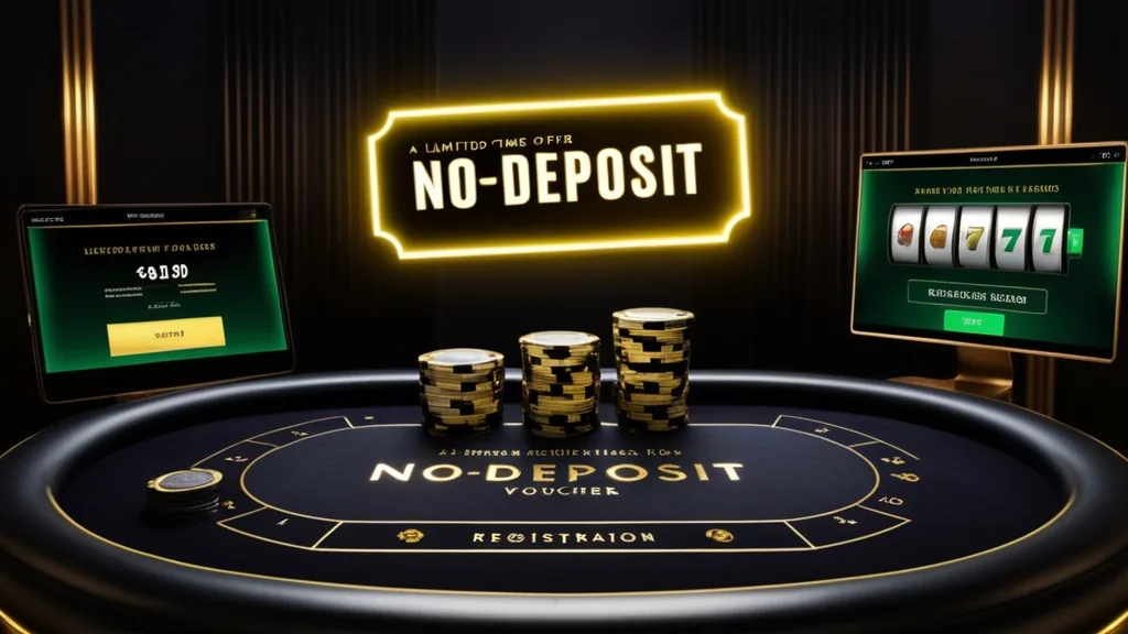 No deposit voucher glowing above casino chips and a dim signup screen