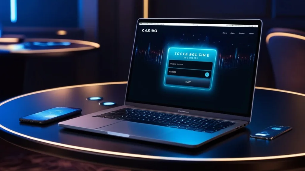 Laptop and phone showing a secure casino login screen in a dark neon setting