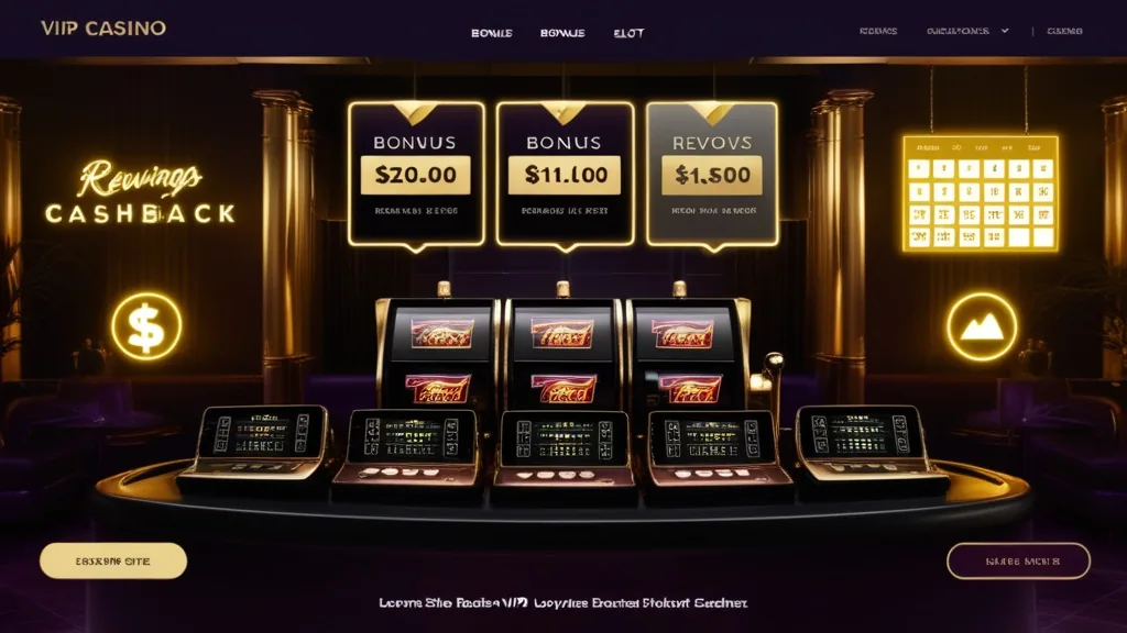 VIP casino lounge with recurring bonus banners and a glowing rewards calendar