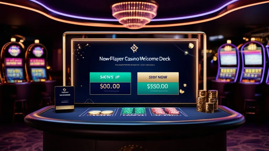 New player signup screen with glowing bonus banners in a dark casino